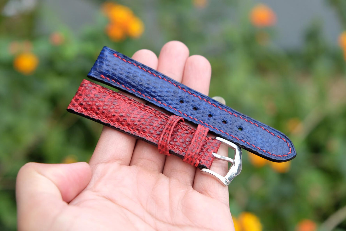 BESPOKE RED-BLUE GENUINE LIZARD LEATHER WATCH STRAP HDLZ16