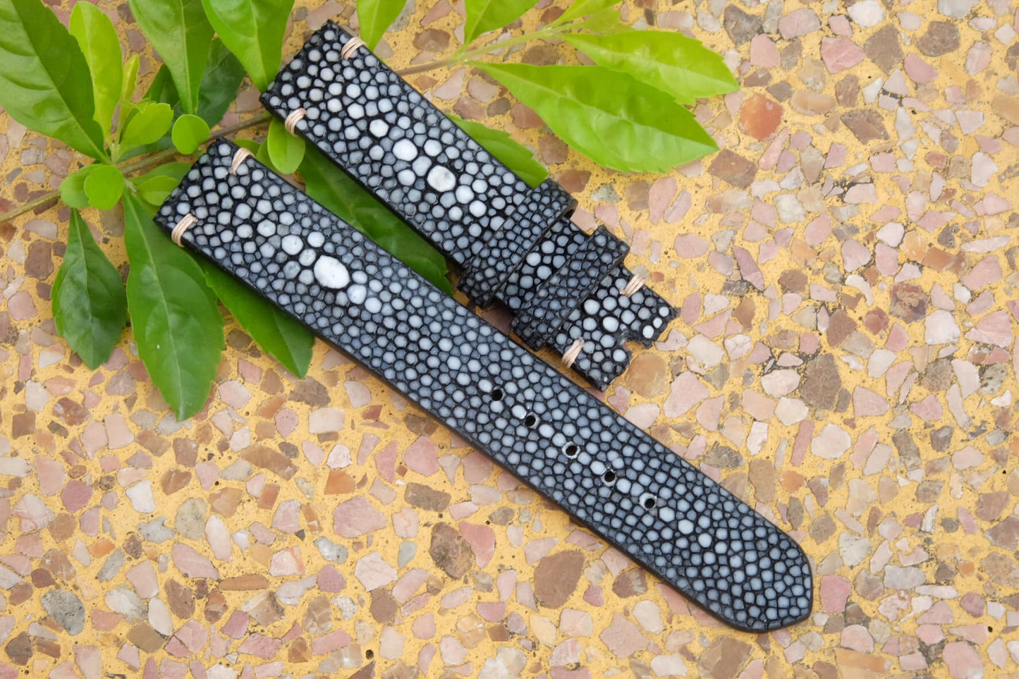 BESPOKE GENUINE DOUBLE PEARL BLACK STINGRAY LEATHER WATCH STRAP HDST12