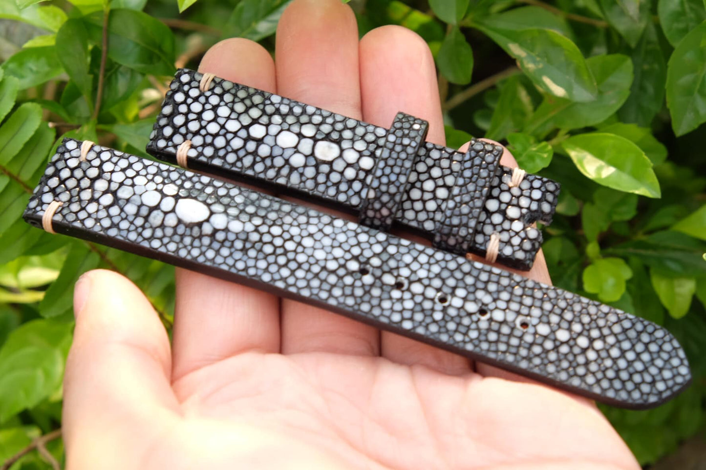 BESPOKE GENUINE DOUBLE PEARL BLACK STINGRAY LEATHER WATCH STRAP HDST12