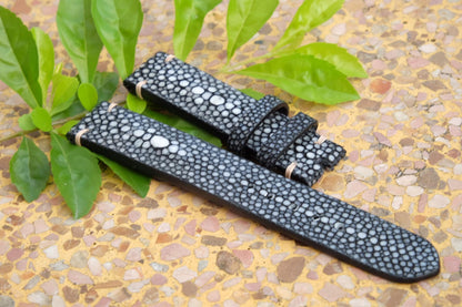 BESPOKE GENUINE DOUBLE PEARL BLACK STINGRAY LEATHER WATCH STRAP HDST12