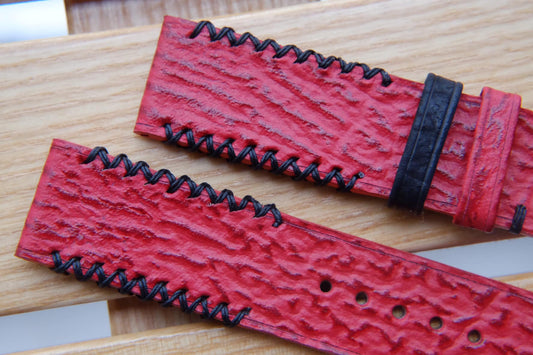 BESPOKE GENUINE RED NUBUCK SHARK SKIN LEATHER WATCH STRAP HDSH04