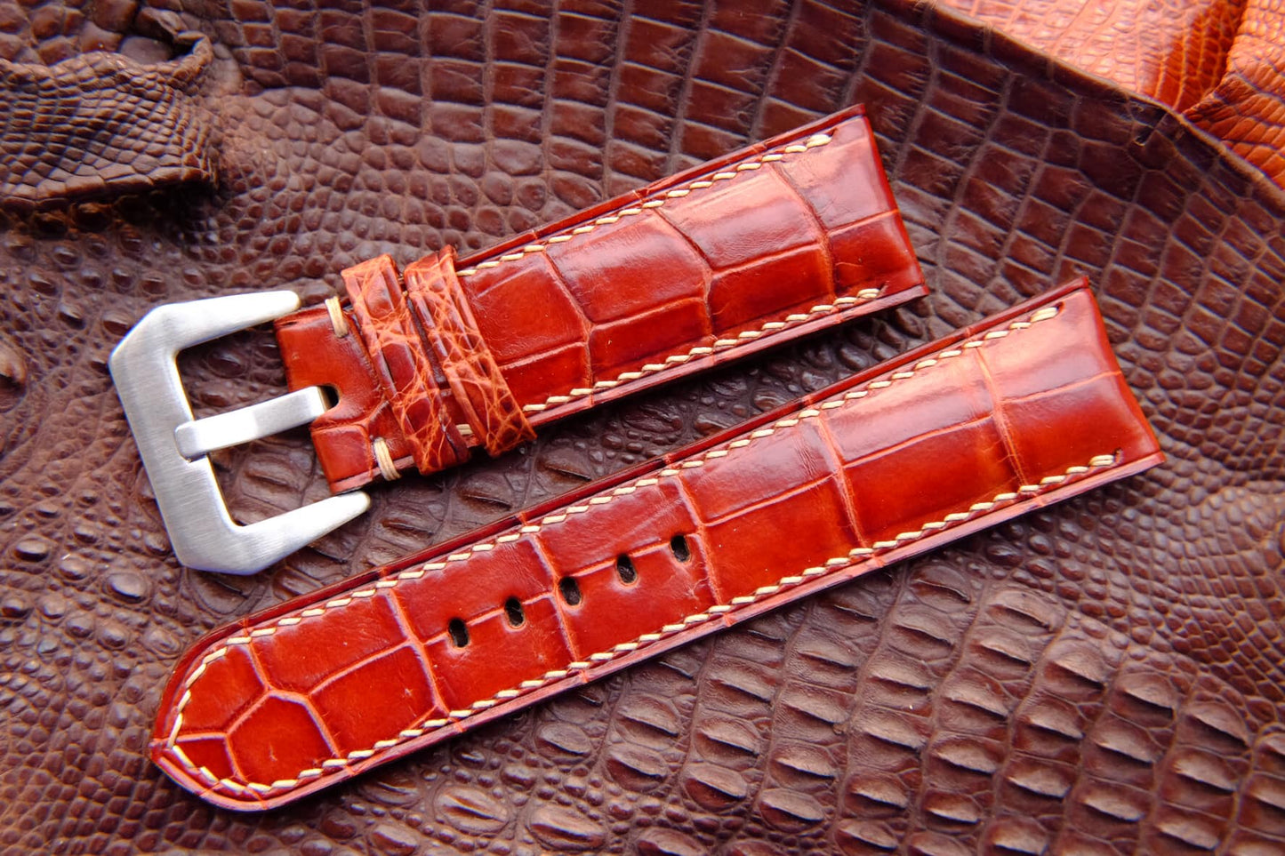 BESPOKE BROWN RED CROCODILE LEATHER WATCH STRAP HDCS56