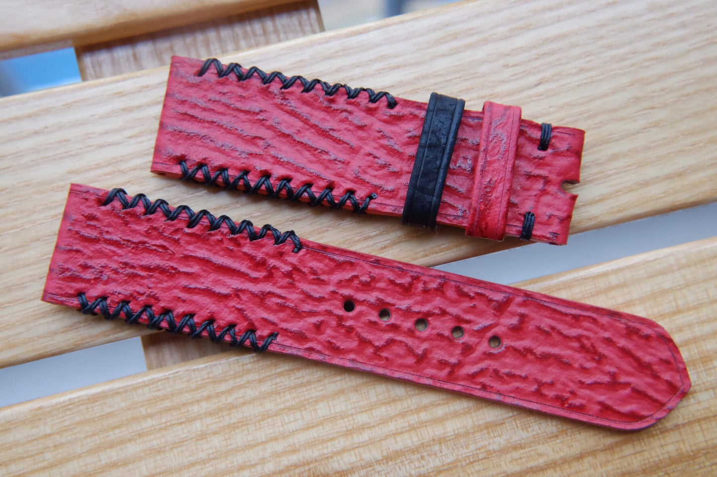 BESPOKE GENUINE RED NUBUCK SHARK SKIN LEATHER WATCH STRAP HDSH04