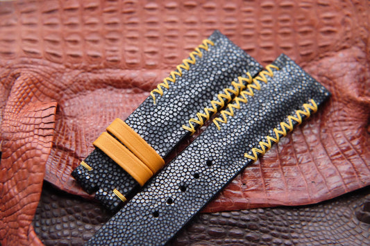 BESPOKE GENUINE NO PEARL BLACK STINGRAY LEATHER WATCH STRAP HDST15