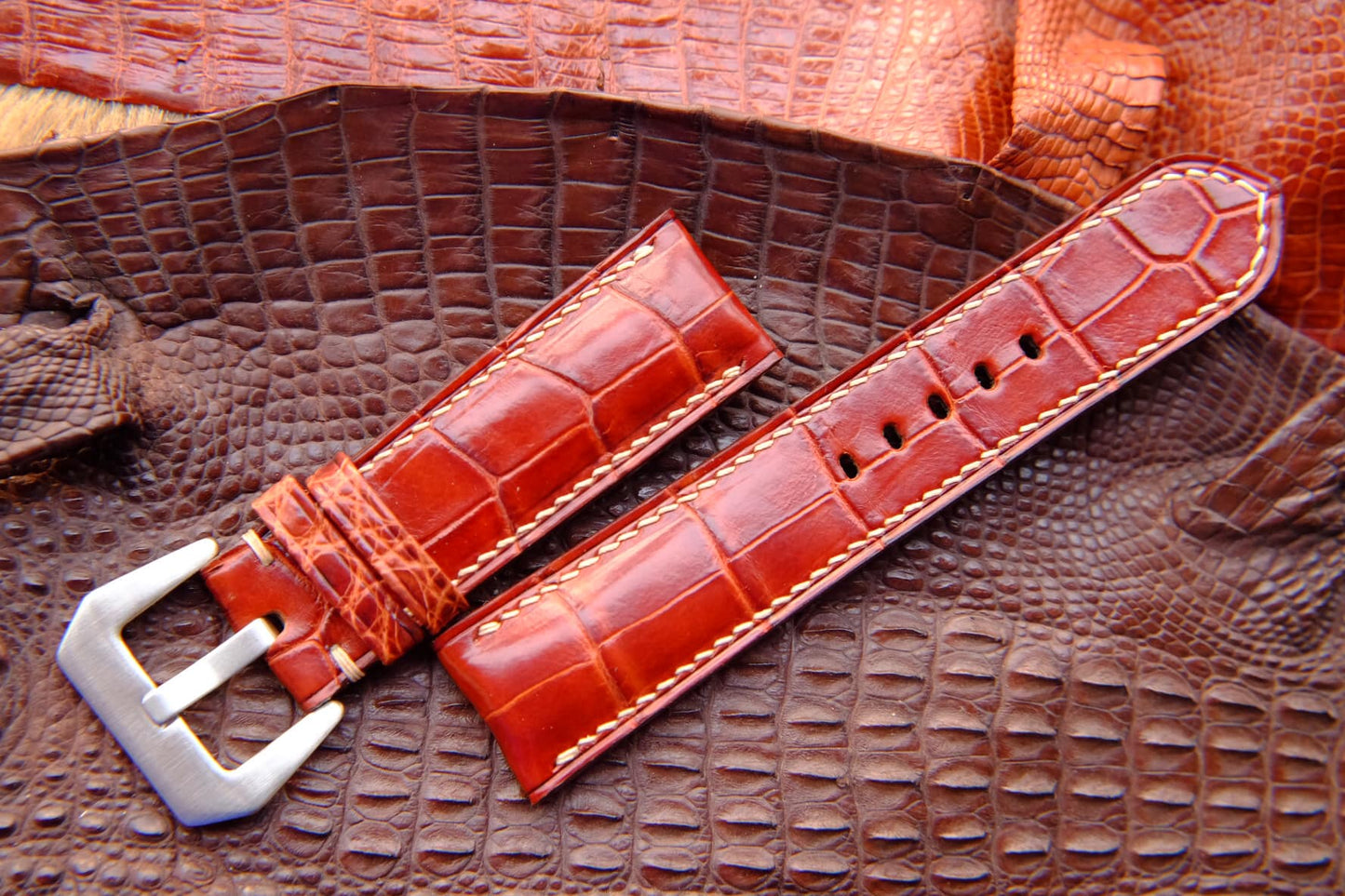 BESPOKE BROWN RED CROCODILE LEATHER WATCH STRAP HDCS56