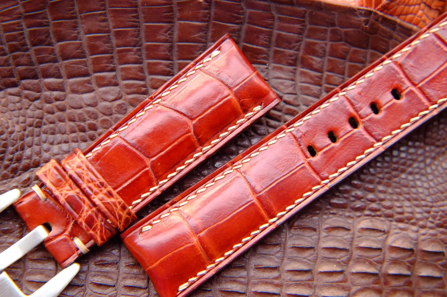 BESPOKE BROWN RED CROCODILE LEATHER WATCH STRAP HDCS56