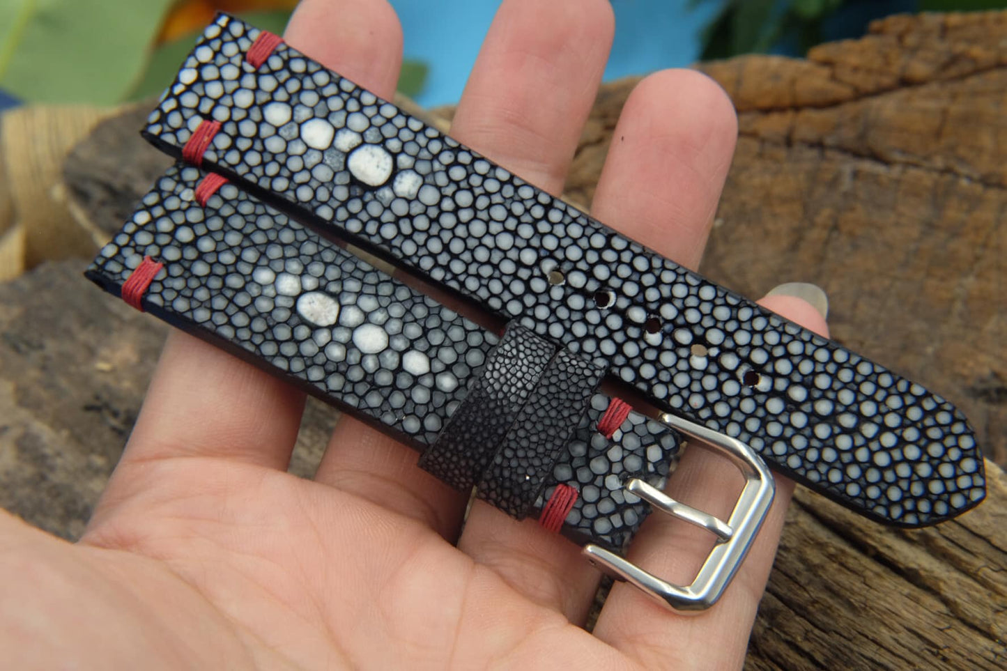 BESPOKE GENUINE DOUBLE PEARL BLACK STINGRAY LEATHER WATCH STRAP HDST23