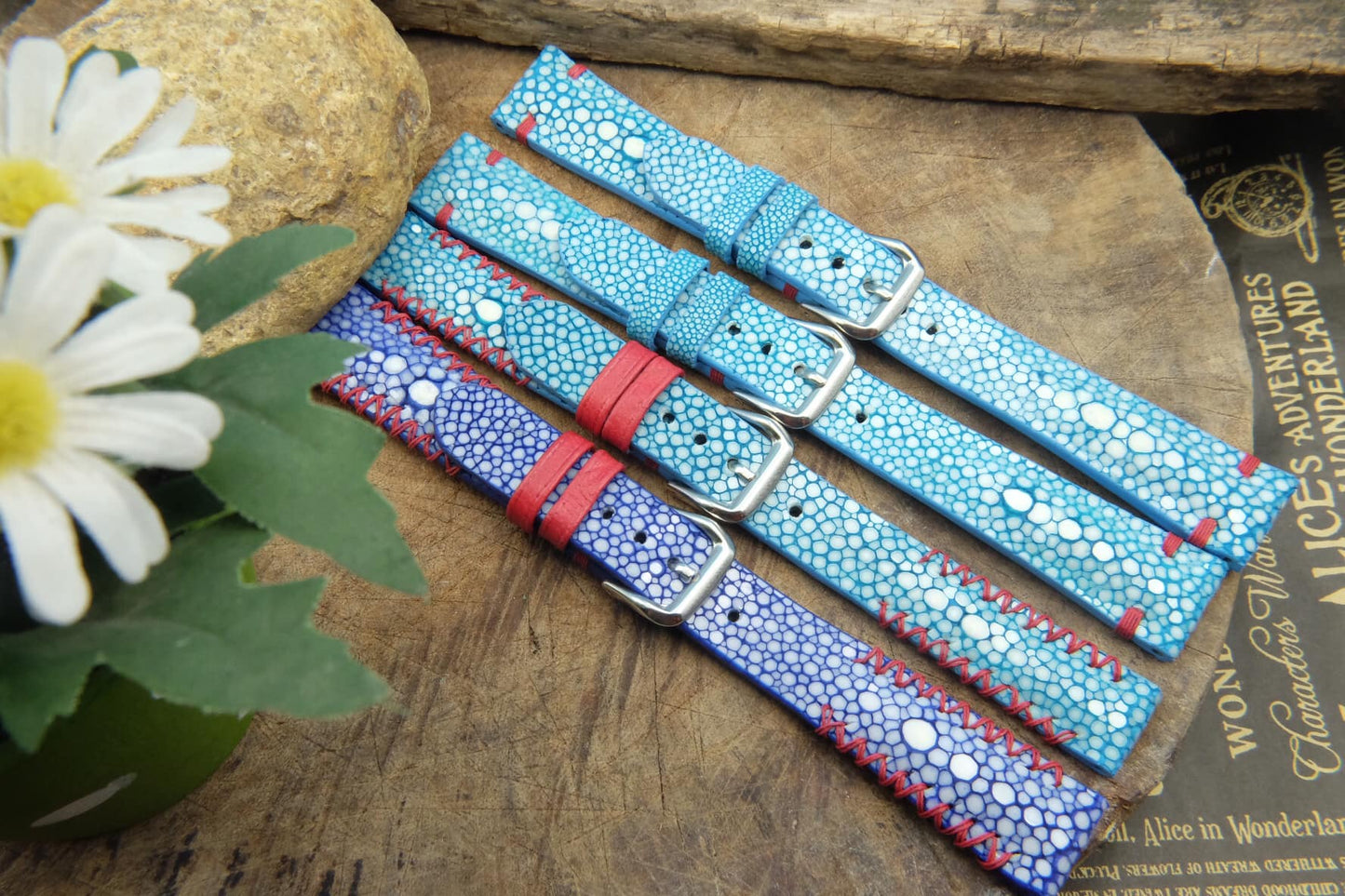 HANDCRAFTED GENUINE DOUBLE PEARLS BLUE STINGRAY LEATHER WATCH STRAP HDST04