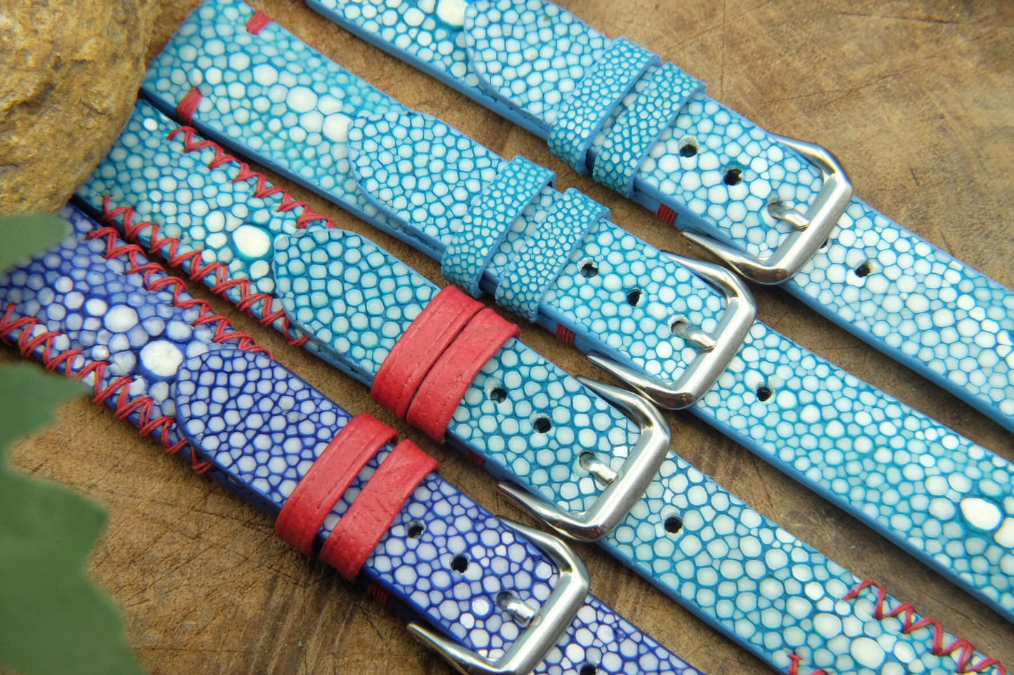 HANDCRAFTED GENUINE DOUBLE PEARLS BLUE STINGRAY LEATHER WATCH STRAP HDST04