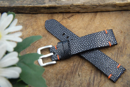 BESPOKE GENUINE NO PEARL BLACK STINGRAY LEATHER WATCH STRAP HDST07