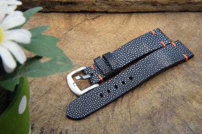 BESPOKE GENUINE NO PEARL BLACK STINGRAY LEATHER WATCH STRAP HDST07