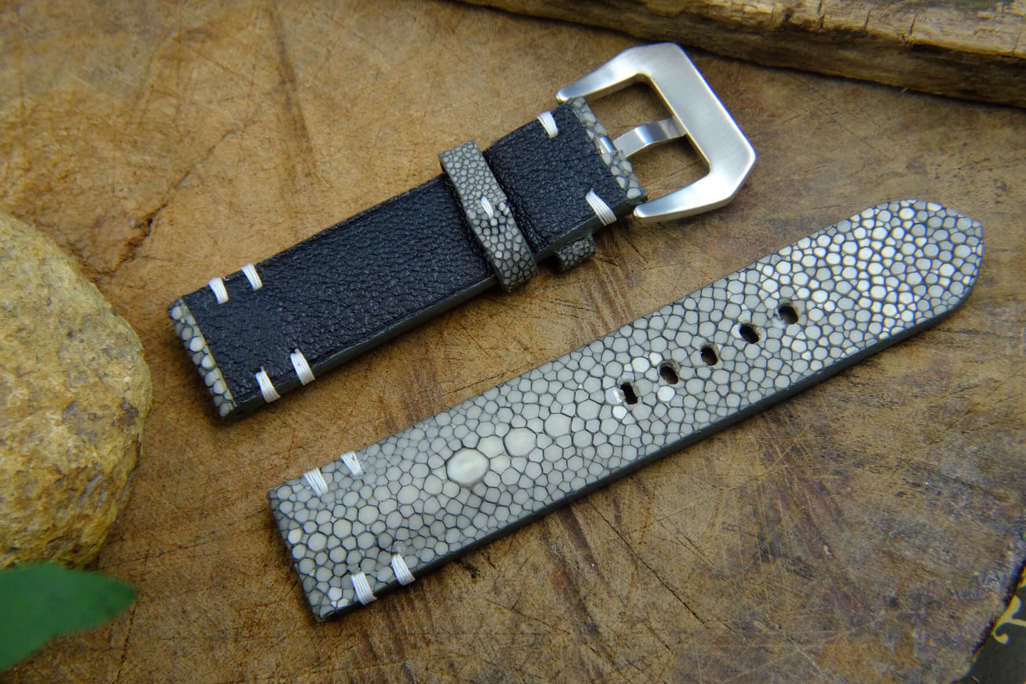 BESPOKE GENUINE TWO PEARL GREY STINGRAY LEATHER WATCH STRAP HDST28