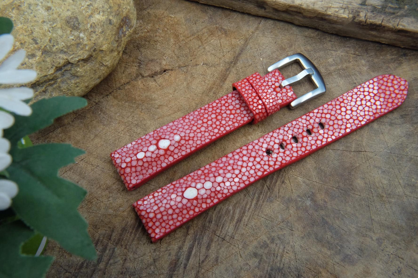 BESPOKE GENUINE TWO PEARL RED STINGRAY LEATHER WATCH STRAP HDST27