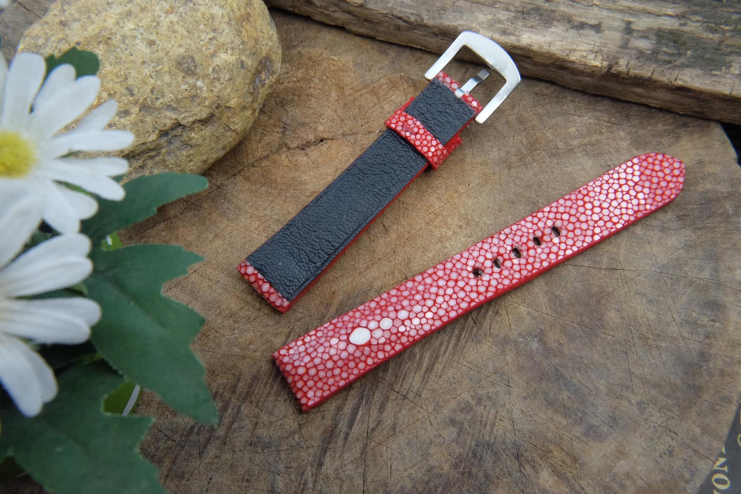 BESPOKE GENUINE TWO PEARL RED STINGRAY LEATHER WATCH STRAP HDST27