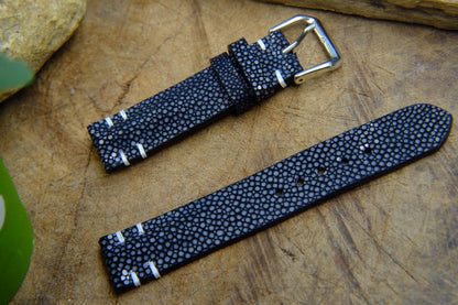 BESPOKE GENUINE NO PEARL BLACK STINGRAY LEATHER WATCH STRAP HDST31