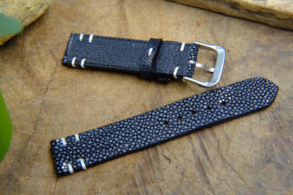 BESPOKE GENUINE NO PEARL BLACK STINGRAY LEATHER WATCH STRAP HDST31