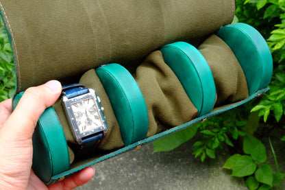 Green hand dyed patina leather watch roll HDWR23