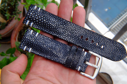 BESPOKE GENUINE NO PEARL BLACK STINGRAY LEATHER WATCH STRAP HDST38