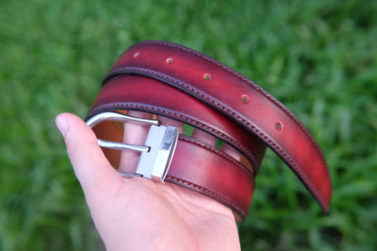 Red hand dyed patina veg tanned cow leather belt HDBE17