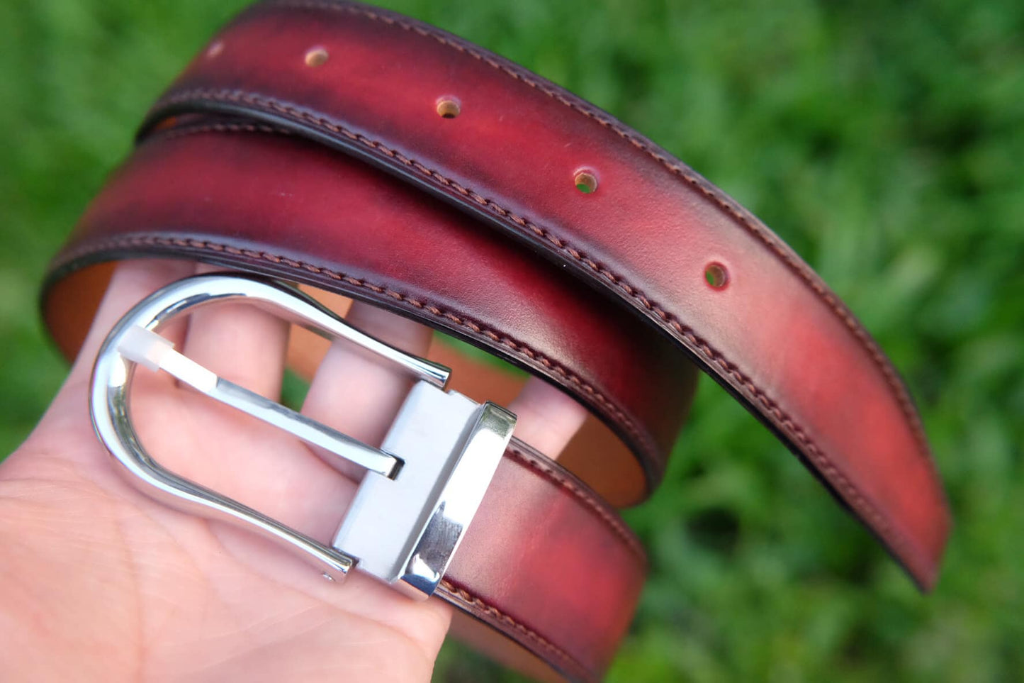 Red hand dyed patina veg tanned cow leather belt HDBE17