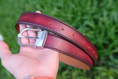 Red hand dyed patina veg tanned cow leather belt HDBE17