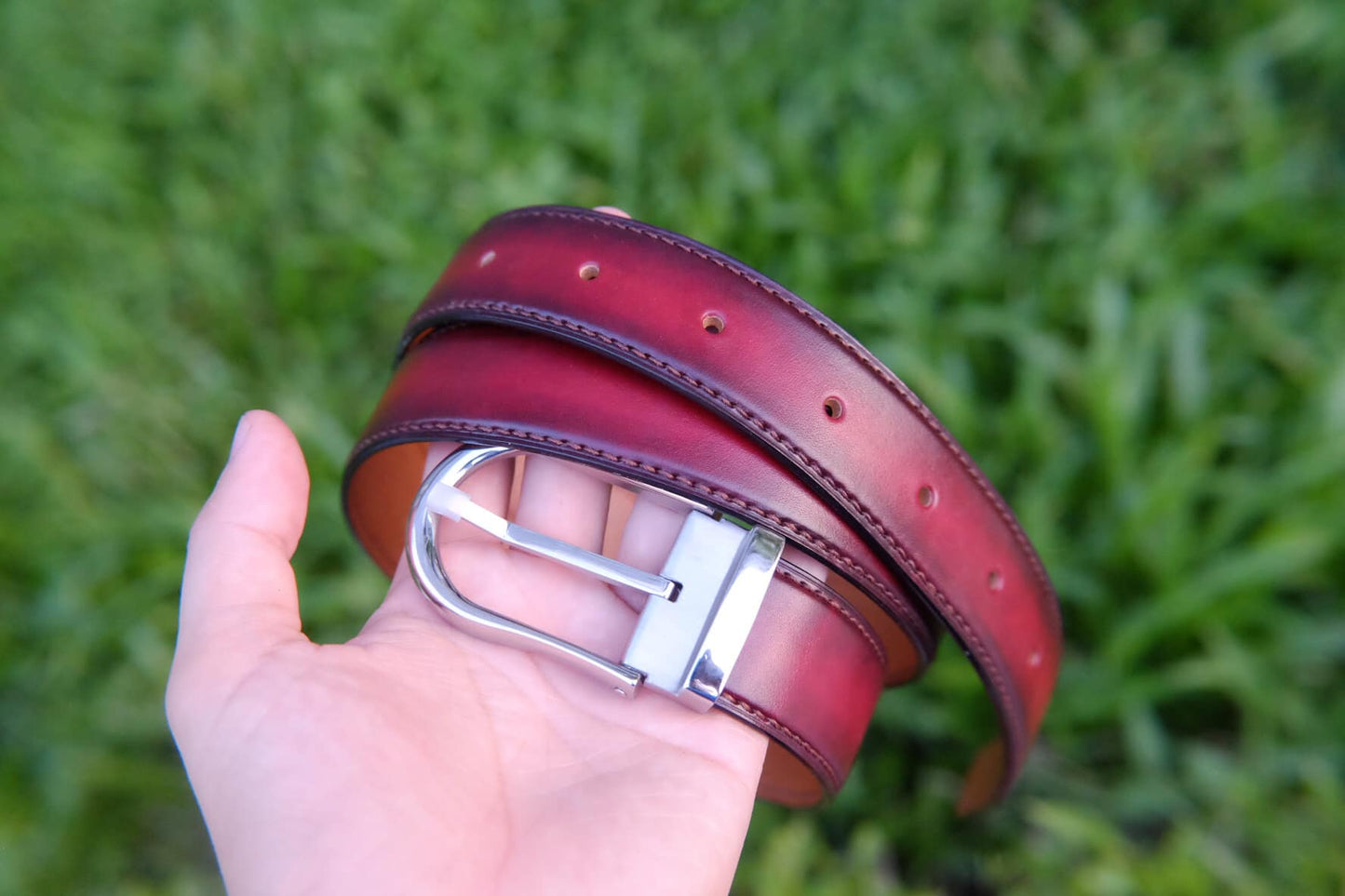 Red hand dyed patina veg tanned cow leather belt HDBE17