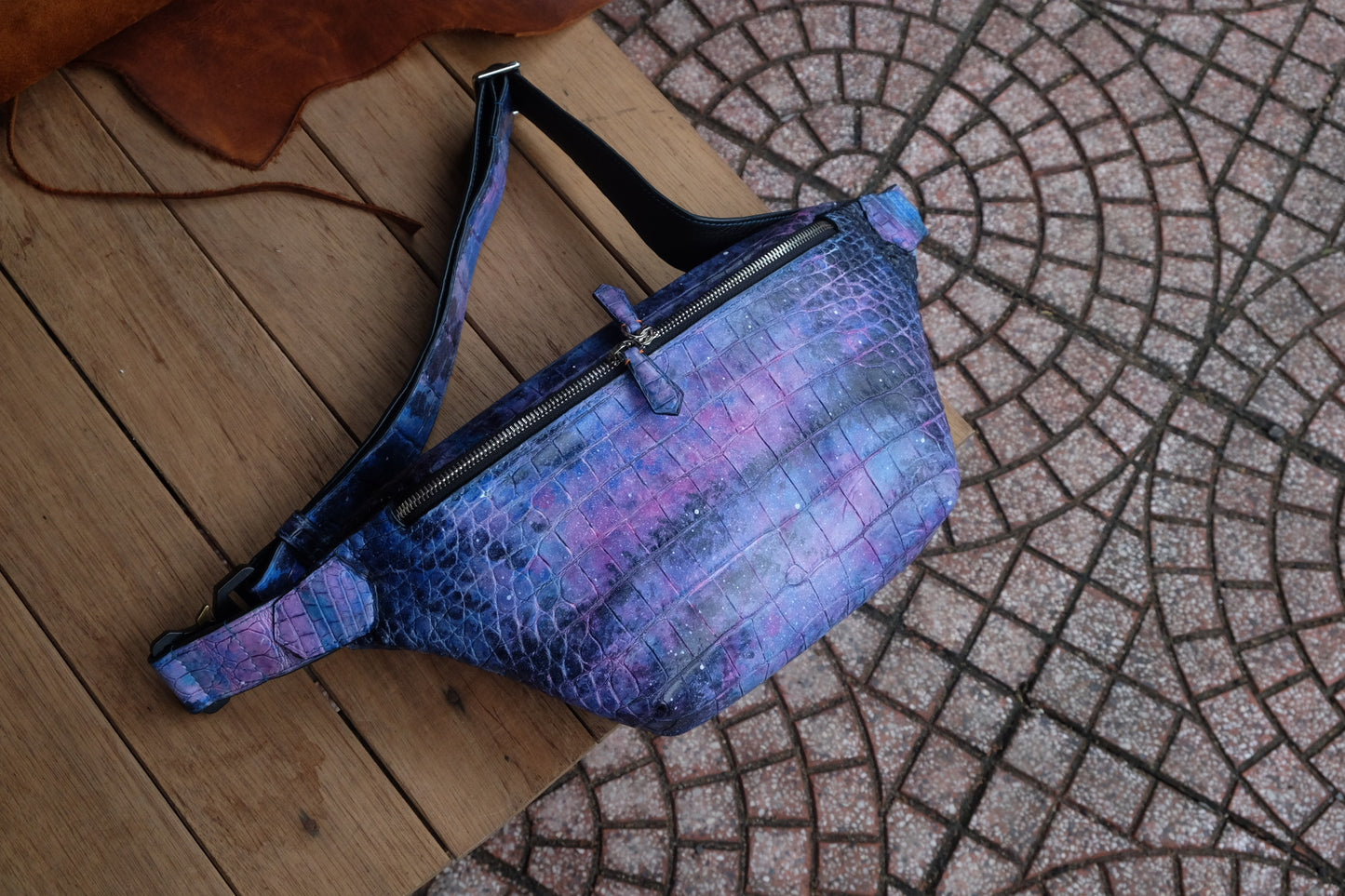 Bespoke hand dyed galaxy crocodile leather crossbody bag HDHBC01