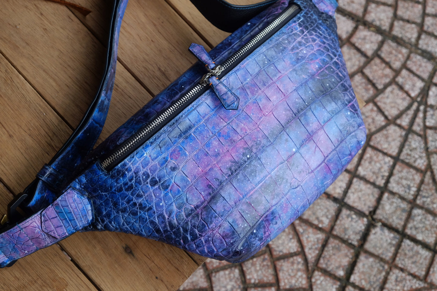 Bespoke hand dyed galaxy crocodile leather crossbody bag HDHBC01