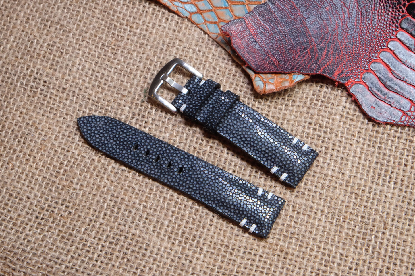 Black no pearl stingray leather watch strap HDST100