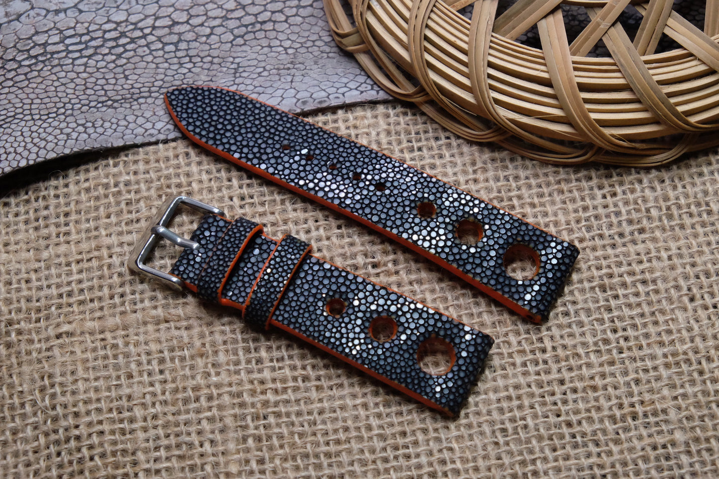 Black no pearl stingray leather watch strap HDST103