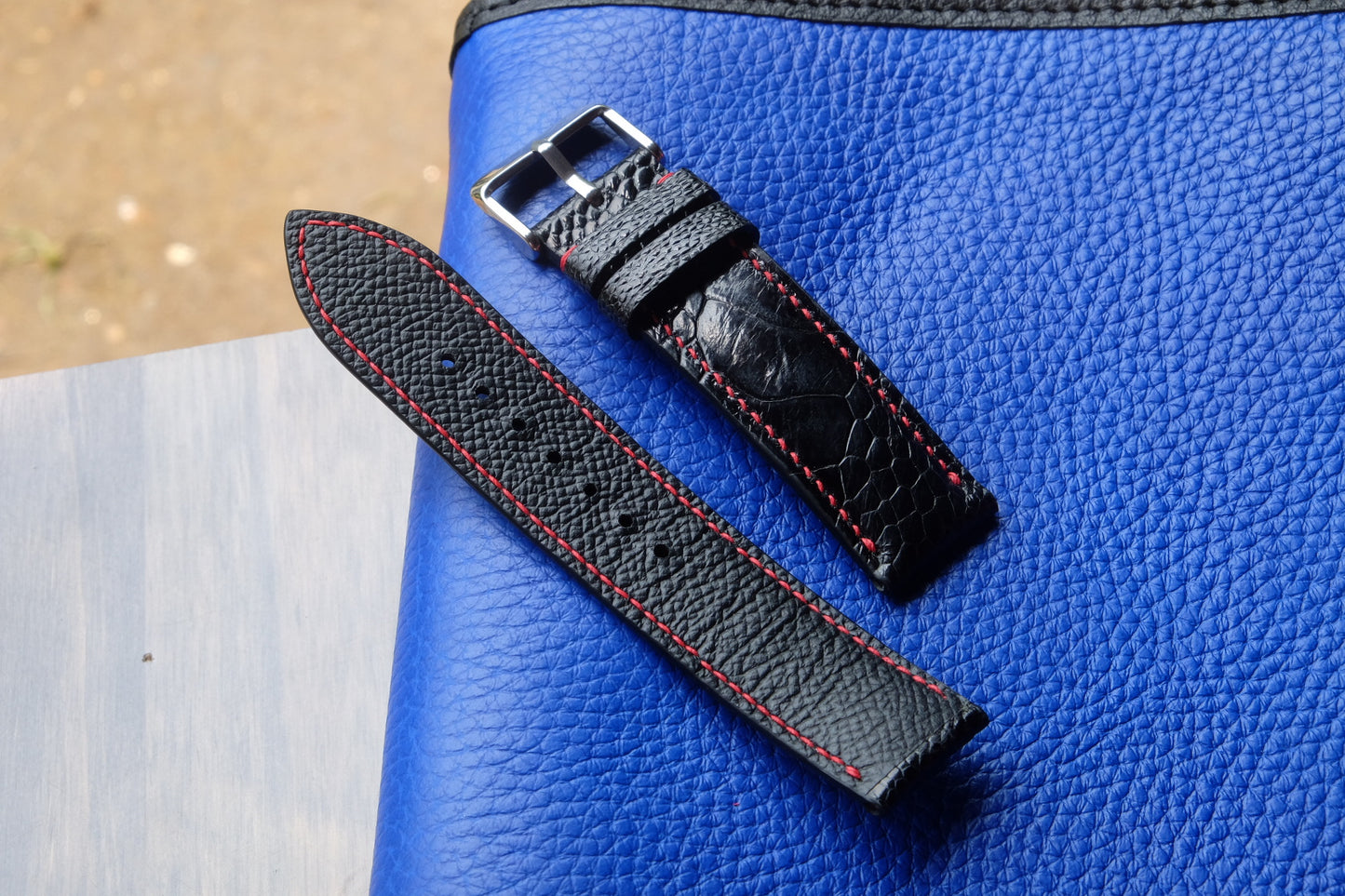 Black ostrich leg leather watch strap HDOL44