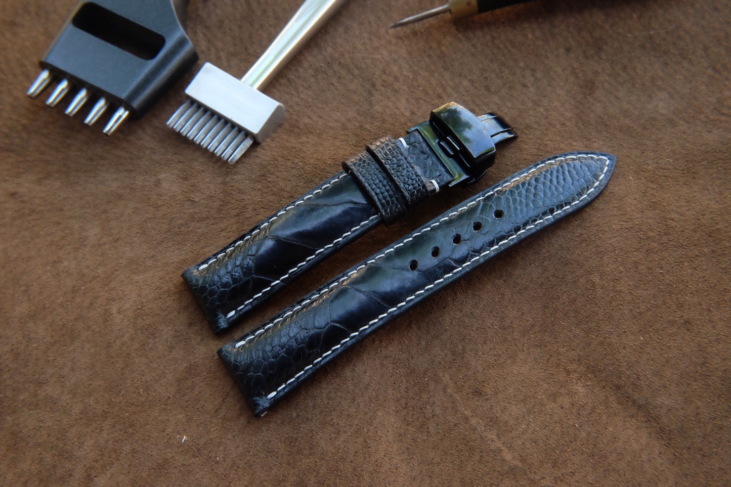 Black ostrich leg leather watch strap HDOL54