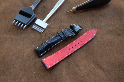 Black ostrich leg leather watch strap HDOL54