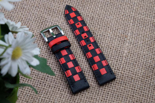 Black-red checker box leather watch strap HDCLE65