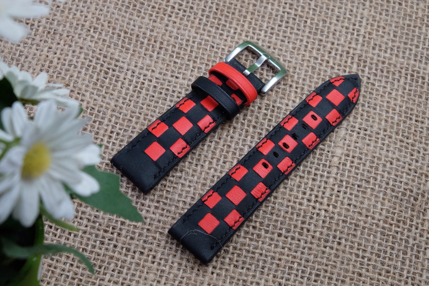 Black-red checker box leather watch strap HDCLE65