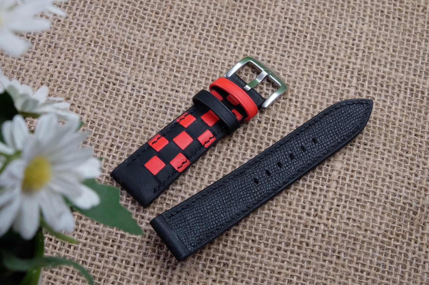 Black-red checker box leather watch strap HDCLE65