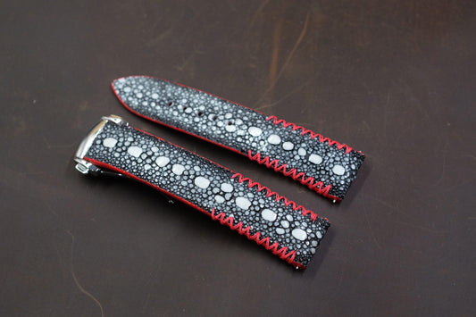 Black row stone stingray strap with red tribal stitching HDST139