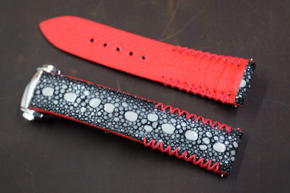 Black row stone stingray strap with red tribal stitching HDST139