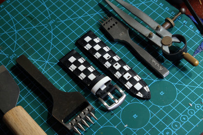 Black-white checker box leather watch strap HDCLE66