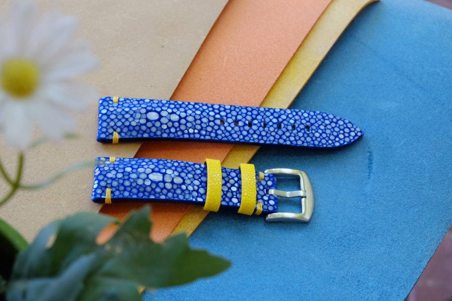 Blue double pearl stingray leather watch strap HDST122