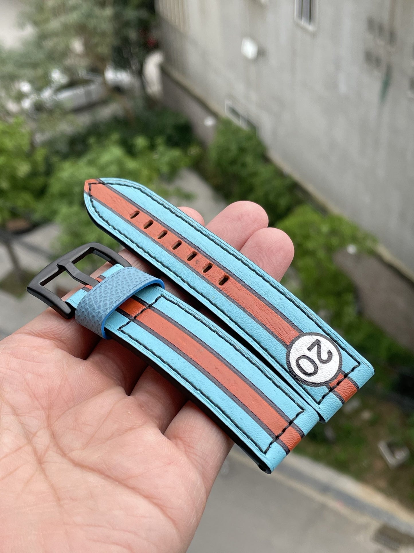 Blue hand painted cow leather strap gulf theme HDHPC01