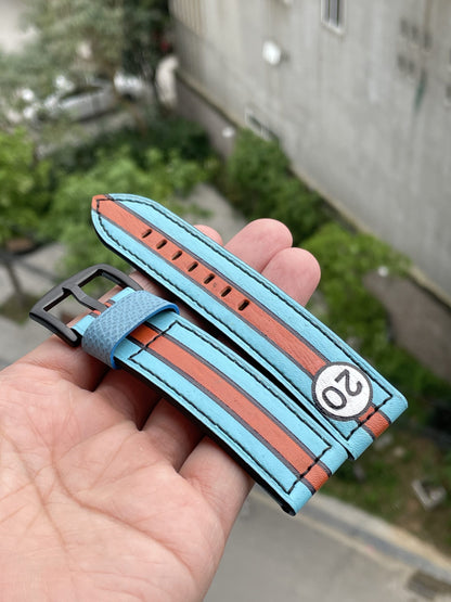 Blue hand painted cow leather strap gulf theme HDHPC01