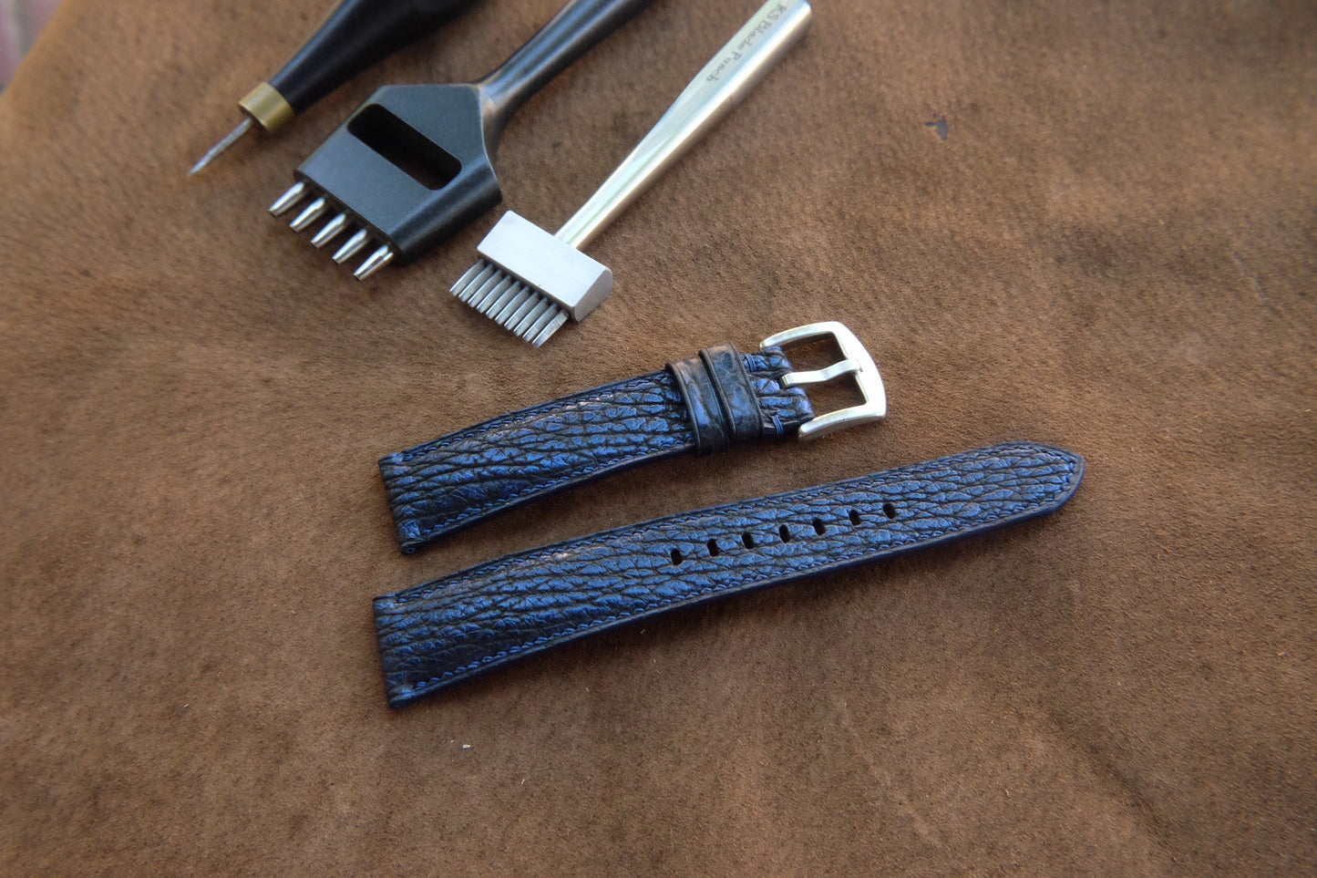 Blue shark skin leather watch strap HDSH20