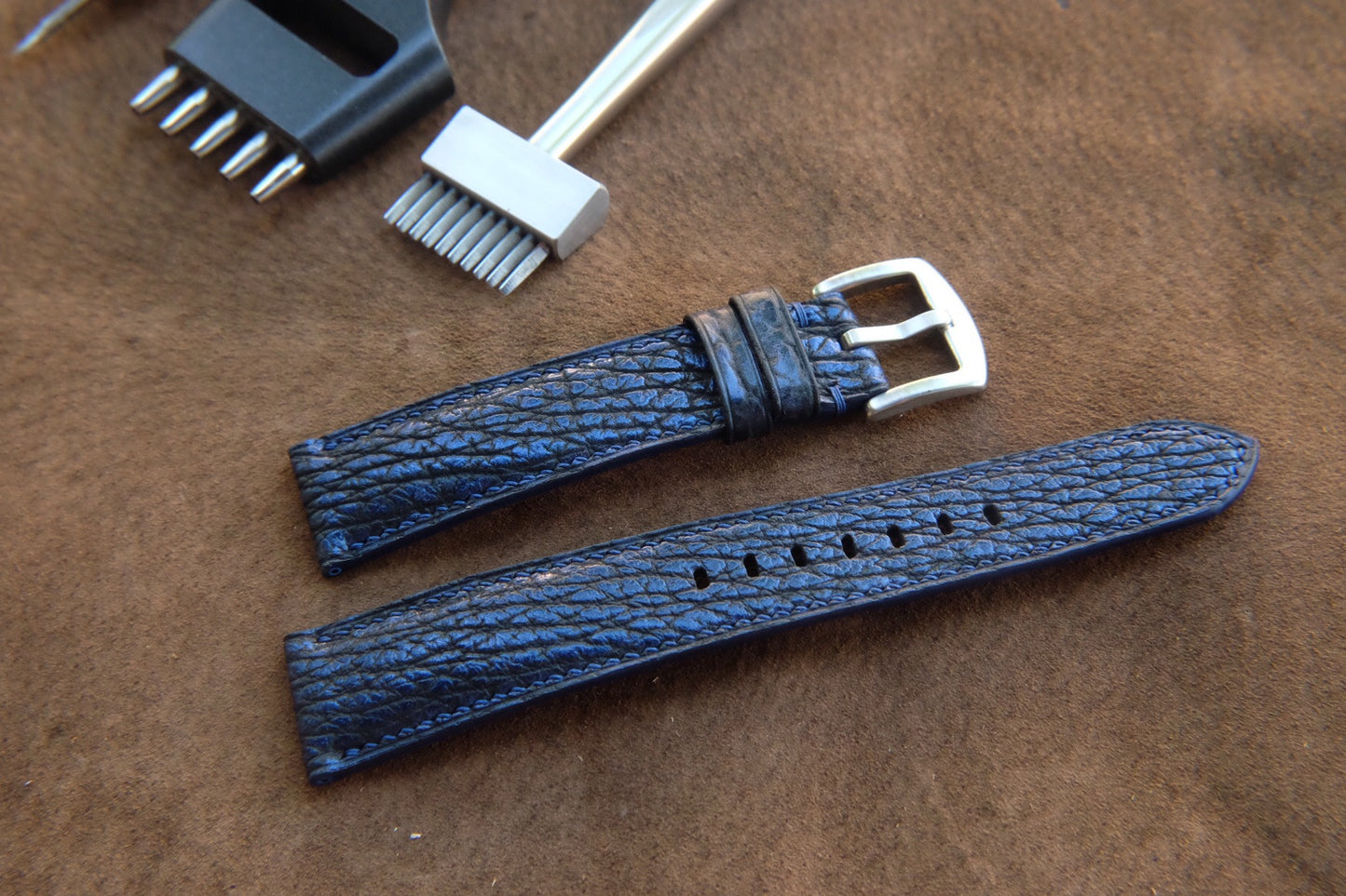 Blue shark skin leather watch strap HDSH20