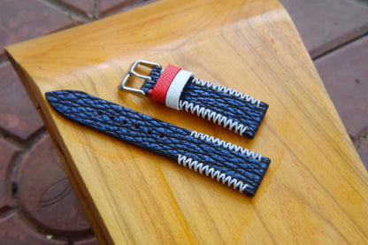 Blue shark skin leather watch strap with white tribal stitching HDSH21