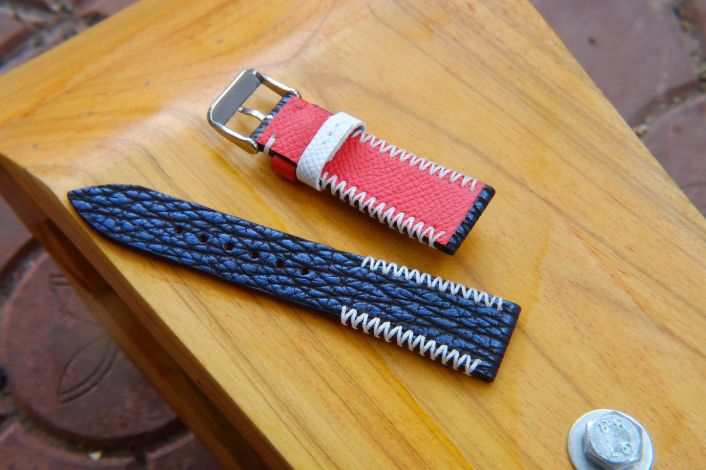 Blue shark skin leather watch strap with white tribal stitching HDSH21