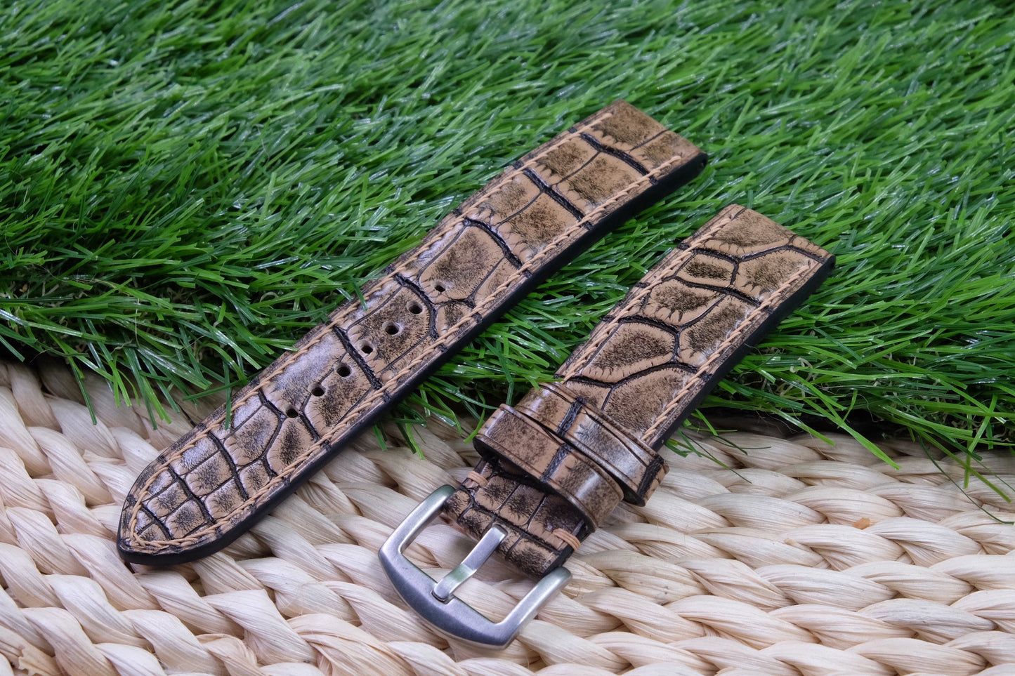 Brown French HCP crocodile belly skin leather strap HDCHCP01