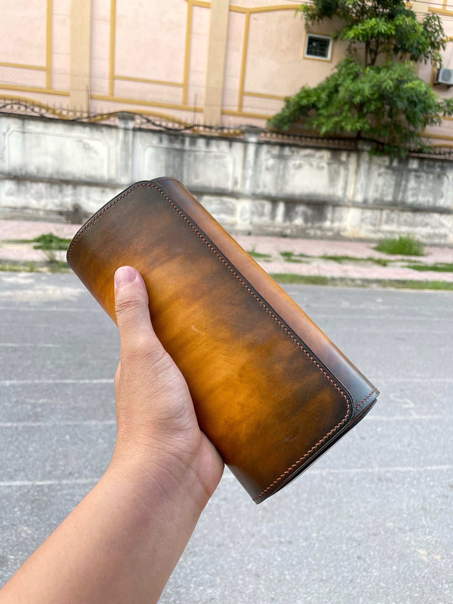 Brown hand dyed patina leather watch roll HDWR08