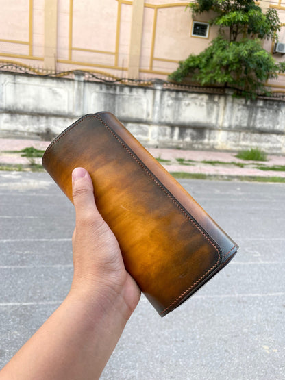 Brown hand dyed patina leather watch roll HDWR08