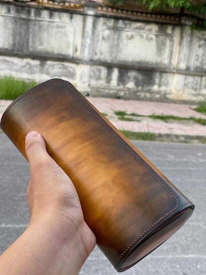 Brown hand dyed patina leather watch roll HDWR08